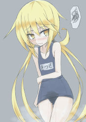 Rule 34 | 1girl, blonde hair, blue one-piece swimsuit, blush, clothes writing, collarbone, cowboy shot, embarrassed, female focus, flat chest, grey background, holding own arm, japanese text, kantai collection, long hair, looking to the side, matching hair/eyes, nose blush, one-piece swimsuit, satsuki (kancolle), simple background, solo, speech bubble, standing, steam, sweat, swimsuit, translation request, twintails, very long hair, wavy mouth, wet, wet clothes, yellow eyes, zerotsuu