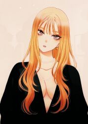 Rule 34 | 1girl, black shirt, blonde hair, breasts, cleavage, earrings, fukuda shinichi, head tilt, highres, jewelry, kitagawa marin, lipstick, long hair, looking at viewer, makeup, medium breasts, necklace, official art, parted lips, pearl necklace, pink eyes, plunging neckline, shirt, solo, sono bisque doll wa koi wo suru, upper body