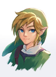 Rule 34 | 1boy, absurdres, blonde hair, blue eyes, closed mouth, cropped torso, green hat, green shirt, hat, highres, link, looking at viewer, male focus, na (oagenosuke), nintendo, pointy ears, shirt, simple background, smile, solo, the legend of zelda, upper body, white background