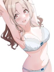 Rule 34 | 1girl, absurdres, armpits, arms up, blush, bra, breasts, cleavage, collarbone, grey bra, grey panties, highres, ichikawa hinana, idolmaster, idolmaster shiny colors, large breasts, light brown hair, looking at viewer, musha no kozi, navel, panties, simple background, smile, solo, stomach, underwear, underwear only, white background