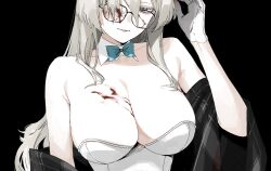 Rule 34 | 1girl, akane (blue archive), akane (bunny) (blue archive), bare shoulders, bell, black background, blood, blood on eyewear, blood on face, blue archive, blue bow, blue bowtie, bow, bowtie, breasts, broken eyewear, cleavage, detached collar, glasses, gloves, grey eyes, grey hair, hair bell, hair ornament, hair over one eye, highres, kawatiw, large breasts, leotard, long hair, looking at viewer, plaid shawl, shawl, simple background, solo, strapless, upper body, very long hair, white gloves, white leotard