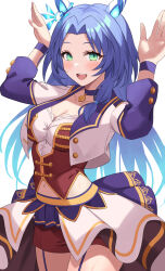 Rule 34 | 1girl, :d, alternate costume, animal ears, asato (fadeless), blue choker, blue hair, blush, choker, corset, cropped jacket, ear covers, garter straps, godolphin barb (umamusume), green eyes, hair intakes, highres, horse ears, horse girl, horse tail, jacket, long hair, long sleeves, looking at viewer, open mouth, overskirt, pendant choker, purple garter straps, red corset, red shorts, shorts, simple background, smile, solo, starting future (umamusume), tail, umamusume, umapyoi densetsu, white background, white jacket