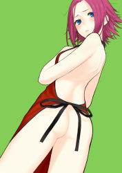Rule 34 | 1girl, apron, ass, bare shoulders, blue eyes, blush, code geass, female focus, flat ass, from behind, green background, hand on own chest, kouzuki kallen, looking back, naked apron, parted bangs, pink hair, robo8, simple background, solo
