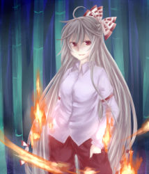 Rule 34 | 1girl, ahoge, bad id, bad pixiv id, bamboo, bamboo forest, bow, female focus, fire, forest, fujiwara no mokou, grey hair, hair bow, hands in pockets, long hair, nature, open mouth, pants, red eyes, sasa you aoi, shirt, smile, solo, touhou, very long hair
