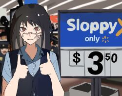 Rule 34 | 1girl, black hair, blue shirt, blurry, blurry background, chainsaw man, closed mouth, collared shirt, commentary, cross scar, dress shirt, english commentary, english text, facial scar, hands up, highres, indoors, long hair, meme, mykokampfwagen, nervous sweating, orange eyes, ringed eyes, scar, scar on cheek, scar on face, shirt, short sleeves, sloppy blowjob devil (meme), smile, solo, straight-on, sweat, thumbs up, upper body, vest, yoru (chainsaw man)