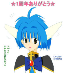 Rule 34 | 00s, 1girl, animal ears, artist name, blue hair, character name, galaxy angel, kisaragi julia, looking at viewer, mint blancmanche, puffy sleeves, short hair, simple background, solo, tagme, white background, yellow eyes