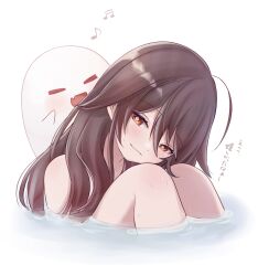 Rule 34 | 1girl, bare legs, bare shoulders, bath, blush, brown hair, closed mouth, commentary request, engasaki sakura, flower-shaped pupils, genshin impact, ghost, highres, hu tao (genshin impact), light smile, long hair, looking at viewer, red eyes, solo, symbol-shaped pupils