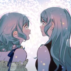 Rule 34 | 2girls, aqua hair, bang dream!, bare shoulders, blonde hair, blush, bow, braid, breasts, commentary, dress, eye contact, frilled dress, frills, green eyes, hair between eyes, hair bow, highres, hikawa hina, hikawa sayo, jewelry, light particles, long hair, looking at another, low twin braids, medium breasts, medium hair, multiple girls, necklace, off-shoulder dress, off shoulder, open mouth, profile, siblings, sidelocks, sleeveless, twin braids, twins, upper body, yellow bow, zihacheol