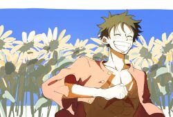 1boy ^_^ black_hair clenched_hand closed_eyes field flower flower_field grin hand_up happy highres lxxi_iu male_focus monkey_d._luffy one_piece open_clothes open_shirt outdoors red_shirt scar scar_on_chest scar_on_face shade shirt short_hair sleeves_past_elbows smile solo sunflower sunflower_field