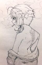 Rule 34 | 1girl, ahoge, bags under eyes, bare back, cigarette, commentary request, expressionless, from behind, graphite (medium), greyscale, highres, jacket, jacket partially removed, looking ahead, mechanical spine, monochrome, mouth hold, no shirt, profile, short hair with long locks, simple background, smoke trail, smoking, solo, toriniku29, traditional media, upper body, vocaloid, voiceroid, yuzuki yukari
