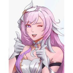 1girl bare_shoulders breasts commentary_request corset diamond-shaped_pupils diamond_(shape) double_finger_gun elysia_(herrscher_of_human:_ego)_(honkai_impact) elysia_(honkai_impact) finger_gun hair_ornament highres honkai_(series) honkai_impact_3rd large_breasts long_hair notgustiarp one_eye_closed open_mouth pink_hair purple_eyes simple_background solo symbol-shaped_pupils teeth triquetra upper_body upper_teeth_only very_long_hair white_background white_corset