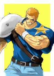 Rule 34 | 1boy, anagumasan, armor, blonde hair, blue shirt, brian battler, clenched hand, denim, facepaint, highres, jeans, male focus, pants, pauldrons, shirt, short hair, shoulder armor, simple background, snk, solo, the king of fighters