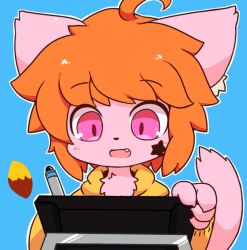 Rule 34 | androgynous, artist request, cat, drawing, furry, gender request, open mouth, orange hair, pink eyes, short hair, simple background, solo, tablet, upper body