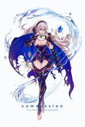 Rule 34 | 1girl, armor, black hairband, breasts, cape, cleavage, commission, corrin (female) (fire emblem), corrin (fire emblem), fire emblem, fire emblem fates, fire emblem heroes, full body, grey hair, hairband, highres, large breasts, leotard, long hair, nintendo, official alternate costume, pointy ears, purple eyes, simple background, smile, solo, sumustard, thighs, thong leotard, water, watermark, white background, white hair