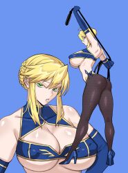 Rule 34 | 1girl, absurdres, ahoge, artoria pendragon (fate), artoria pendragon (lancer) (fate), ass, blonde hair, blue background, braid, breasts, cleavage, cleavage cutout, clothing cutout, collarbone, covered nipples, elbow gloves, fate/grand order, fate (series), fishnet pantyhose, fishnets, french braid, full body, gloves, green eyes, hair between eyes, high heels, highres, holding, holding whip, large breasts, long legs, looking at viewer, multiple views, pantyhose, sideboob, simple background, thighs, upper body, vulcan (ejel2000), whip