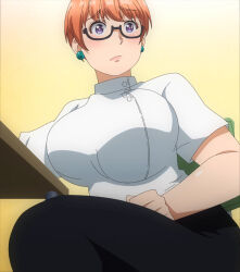 Rule 34 | 1girl, absurdres, anime screenshot, black pants, breasts, closed mouth, earrings, elf-san wa yaserarenai., feet out of frame, female focus, glasses, highres, huge breasts, ino akiho, jewelry, orange hair, pants, pearl earrings, purple eyes, shirt, short hair, sitting, solo, stitched, thighs, third-party edit, white shirt