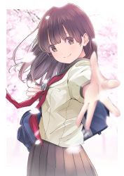 Rule 34 | 1girl, bad id, bad pixiv id, bag, black sailor collar, blurry, blurry background, blurry foreground, brown eyes, brown hair, brown shirt, brown skirt, cherry blossoms, chikuwa (odennabe), closed mouth, commentary request, depth of field, fingernails, foreshortening, head tilt, long hair, long sleeves, neckerchief, original, outstretched arm, petals, pleated skirt, red neckerchief, sailor collar, school bag, school uniform, serafuku, shirt, skirt, smile, solo