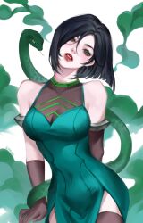 Rule 34 | 1girl, alternate costume, black gloves, black hair, black thighhighs, blush, breasts, colored smoke, covered navel, dress, elbow gloves, gloves, green dress, green eyes, hair between eyes, highres, looking at viewer, medium breasts, parted lips, red lips, short hair, single elbow glove, smoke, snake, solo, thighhighs, valorant, viper (valorant), wan wan, white background