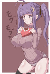 Rule 34 | 1girl, ahoge, alternate hairstyle, black thighhighs, candy, chocolate, chocolate heart, crescent, crescent hair ornament, eating, female focus, food, hair ornament, heart, jema, no pants, panties, patchouli knowledge, purple hair, ribbed sweater, solo, sweater, thighhighs, touhou, twintails, underwear, valentine