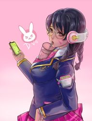 Rule 34 | 1girl, academy d.va, alternate costume, alternate hair color, alternate hairstyle, bespectacled, black hair, braid, breasts, brown eyes, bubble tea, bubble tea challenge, cellphone, character name, cup, d.va (overwatch), disposable cup, drinking, drinking straw, facial mark, glasses, headphones, lips, long hair, looking at viewer, medium breasts, necktie, nose, object on breast, overwatch, overwatch 1, phone, pink necktie, round eyewear, school uniform, smartphone, solo, twin braids, whisker markings