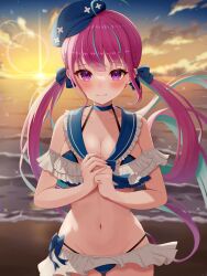 Rule 34 | 1girl, absurdres, breasts, cleavage, highres, hololive, jupiterjack8, looking at viewer, medium breasts, minato aqua, outdoors, purple eyes, purple hair, solo, swimsuit, twintails, virtual youtuber