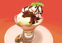 Rule 34 | cat, chai (drawingchisanne), chocolate syrup, commentary request, dessert, food, food focus, glass, highres, ice cream, looking at viewer, mint, no humans, original, signature, simple background, sitting on food, spoon, undersized animal, whipped cream