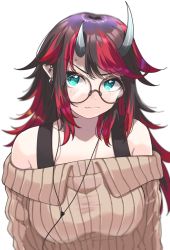 Rule 34 | 1girl, nanashi inc., absurdres, alternate costume, black hair, black tank top, blue eyes, blush, breasts, brown-framed eyewear, brown sweater, closed mouth, commentary request, demon girl, demon horns, ear piercing, earbuds, earphones, glasses, highres, horns, large breasts, long hair, looking at viewer, multicolored hair, off-shoulder sweater, off shoulder, piercing, pointy ears, red hair, ribbed sweater, round eyewear, ryugasaki rene, simple background, solo, sugar lyric, sweater, tank top, two-tone hair, upper body, virtual youtuber, wavy mouth, white background, zono (inokura syuzo029)