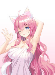 Rule 34 | ;p, ahoge, animal ears, arm behind back, arm up, armpits, bad id, bad pixiv id, blue eyes, blush, borrowed character, breasts, cat ears, cat girl, cat tail, cleavage, closed mouth, collarbone, commentary, earrings, gradient background, heart, heart-shaped pupils, highres, jewelry, large breasts, long hair, looking at viewer, mvv, naked towel, ok sign, one eye closed, original, pink background, pink hair, sidelocks, smile, symbol-only commentary, symbol-shaped pupils, tail, tongue, tongue out, towel, upper body, very long hair, wavy hair