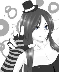 Rule 34 | 1girl, blue eyes, breasts, cleavage, drawfag, earrings, fingerless gloves, gloves, greyscale, hair over one eye, hat, jewelry, large breasts, long hair, mini hat, mini top hat, monochrome, portrait, solo, spot color, striped clothes, striped gloves, top hat, v