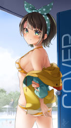 Rule 34 | 1girl, arms behind back, bare shoulders, bikini, black hair, blue bow, blue eyes, blue hairband, blush, bow, breasts, closed mouth, commentary request, cowboy shot, day, from behind, hair bow, hairband, halterneck, highres, holding own arm, hololive, hood, hood down, hooded jacket, jacket, kito koruta, looking at viewer, looking back, medium breasts, off shoulder, oozora subaru, oozora subaru (hololive summer 2019), open clothes, open jacket, outdoors, polka dot, polka dot bow, pool, short hair, signature, solo, standing, striped bikini, striped clothes, swimsuit, virtual youtuber, yellow jacket