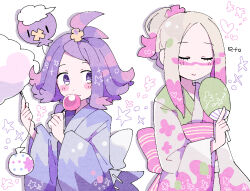 2girls acerola_(pokemon) alternate_costume alternate_hairstyle bag blush_stickers candy_apple chibi closed_eyes creatures_(company) drifloon food game_freak gen_4_pokemon hair_bun hair_up hand_fan japanese_clothes kimono mina_(pokemon) multiple_girls nintendo paint_in_hair paint_splatter paint_splatter_on_face paper_fan pokemon pokemon_sm purple_eyes purple_hair remoooon smile topknot upper_body