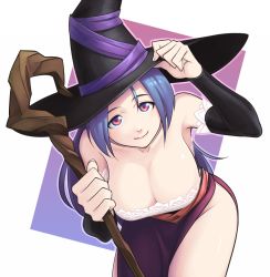 Rule 34 | 1girl, adjusting clothes, adjusting headwear, bare shoulders, bent over, blue hair, breasts, cleavage, cosplay, detached sleeves, downblouse, dragon&#039;s crown, dress, hat, idolmaster, idolmaster (classic), large breasts, long hair, looking at viewer, miura azusa, red eyes, sat (yukipoha), side slit, smile, solo, sorceress (dragon&#039;s crown), sorceress (dragon&#039;s crown) (cosplay), staff, witch hat