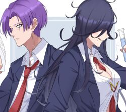 Rule 34 | 1boy, 1girl, artist name, between breasts, black hair, black suit, breasts, cleavage, formal, hair over eyes, highres, holding, holding test tube, ichiko nemuri, large breasts, long hair, looking at another, mole, mole under mouth, necktie, nico vorgeil, purple hair, red necktie, shirt, shishiruto, short hair, suit, test tube, undead unluck, upper body, white background, white shirt