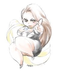 Rule 34 | 1girl, 37564hime, ace attorney, breasts, brown eyes, brown hair, business suit, cleavage, formal, jacket, jewelry, large breasts, lipstick, long hair, long sleeves, looking at viewer, magatama, makeup, mia fey, plump, scarf, solo, suit, thick thighs, thighs