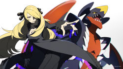 Rule 34 | 1girl, black coat, black pants, blonde hair, breasts, cleavage, coat, creatures (company), cynthia (pokemon), floating hair, from side, fur-trimmed coat, fur trim, game freak, garchomp, gen 4 pokemon, hair ornament, highres, large breasts, long hair, nintendo, outstretched arm, pants, parted lips, pointing, pokemon, pokemon (creature), pokemon dppt, very long hair, xia (ryugo), yellow eyes