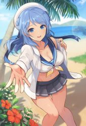 Rule 34 | 1girl, beach, bikini, bikini top only, blue eyes, blue hair, blue sailor collar, blush, breasts, cleavage, cloud, day, double bun, flower, grey skirt, hair bun, hat, hibiscus, highres, jacket, kantai collection, large breasts, long hair, long sleeves, mountain, ocean, open mouth, outdoors, palm tree, red flower, sailor bikini, sailor collar, sailor hat, sand, senbei (senbe i), shadow, skirt, sky, solo, sunlight, swimsuit, tree, urakaze (kancolle), water, white hat, white jacket