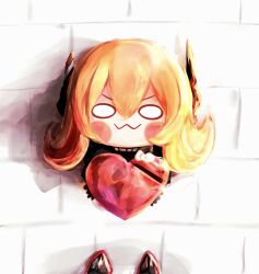 Rule 34 | 0w0, :3, absurdres, black jacket, blonde hair, blush stickers, box, chibi, closed mouth, gift, girls&#039; frontline, hair between eyes, headgear, heart-shaped box, highres, holding, jacket, long hair, looking at viewer, m4 sopmod ii jr, sidelocks, smile, solo, solo focus, stuffing scone, valentine
