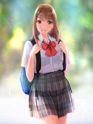 Rule 34 | 1girl, bag, blush, bow, bowtie, brown eyes, brown hair, facing viewer, grey skirt, highres, long hair, looking at viewer, nayuta69, original, parted lips, red bow, red bowtie, resolution mismatch, school bag, school uniform, shirt, shirt tucked in, skirt, smile, solo, source larger, white shirt