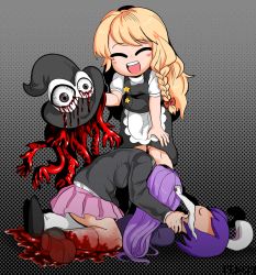Rule 34 | 3girls, apron, ass, black jacket, black skirt, black vest, blonde hair, blood, blood on clothes, bloody tears, bow, braid, brown footwear, closed eyes, commentary request, cookie (touhou), fake hisui (cookie), frilled apron, frills, full body, grey background, grin, hair bow, hisui (cookie), jacket, kirisame marisa, leaning forward, living clothes, long hair, multiple girls, open mouth, pink skirt, purple hair, red bow, reisen udongein inaba, shirt, shoes, side braid, single braid, skirt, smile, socks, star (symbol), strangling, suzu (cookie), tentacles, tetugakuzonbi, touhou, vest, white apron, white shirt