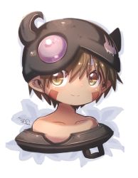 Rule 34 | 1boy, bandam, bare shoulders, brown hair, closed mouth, commentary request, cropped torso, dark-skinned male, dark skin, facial mark, fake horns, floral background, helmet, highres, horned headwear, horned helmet, horns, looking at viewer, made in abyss, male focus, pointy ears, portrait, regu (made in abyss), short hair, signature, slit pupils, solo, split mouth, thick eyebrows, white background, yellow eyes