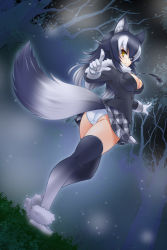 Rule 34 | 10s, 1girl, animal ears, ass, black hair, blue eyes, blush, breasts, cleavage, forest, fur collar, gloves, grey wolf (kemono friends), heterochromia, highres, kemono friends, long hair, long sleeves, looking at viewer, looking back, medium breasts, motonaga hiroya, multicolored hair, nature, necktie, night, night sky, outdoors, panties, skirt, sky, solo, star (sky), star (symbol), tail, thighhighs, thighs, two-tone hair, underwear, wolf ears, wolf tail, yellow eyes