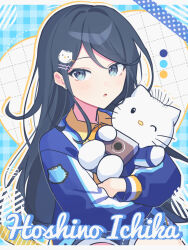 Rule 34 | 1girl, :o, animal ears, black hair, blue background, blue eyes, blue jacket, camera, character name, checkered background, collared shirt, crossed arms, dear daniel, grid background, hair ornament, hairpin, highres, holding, hoshino ichika (project sekai), jacket, letterman jacket, light blush, long hair, looking at viewer, multiple hairpins, one eye closed, parted lips, project sekai, sanrio, shirt, swept bangs, upper body, waka (wk4444), whiskers, yellow shirt