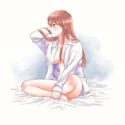 Rule 34 | 1girl, aged up, bed, blue eyes, blush, breasts, brown hair, cleavage, collared shirt, evangelion: 3.0+1.0 thrice upon a time, expressionless, hair between breasts, hair between eyes, legs, long hair, neon genesis evangelion, no bra, open clothes, open shirt, panties, rebuild of evangelion, shirt, sitting, solo, souryuu asuka langley, underwear