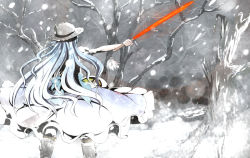 Rule 34 | 1girl, bad id, bad pixiv id, blue hair, female focus, from behind, hat, hinanawi tenshi, holding, long hair, shiina excel, snowing, solo, sword, sword of hisou, touhou, tree, weapon