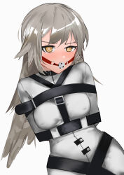 Rule 34 | 1girl, absurdres, alternate costume, ao oni (onioni-aoi), arknights, arms behind back, blush, bound, bound arms, breasts, bright pupils, brown hair, covered erect nipples, fartooth (arknights), feather hair, harness, highres, long hair, looking at viewer, medium breasts, simple background, solo, straitjacket, upper body, very long hair, white background, yellow eyes