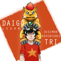 Rule 34 | blue eyes, digimon, digimon (creature), fangs, goggles, goggles on head, liollmon, looking at viewer, nishijima daigo, star (symbol)
