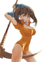 Rule 34 | 10s, 1girl, absurdres, arms up, between legs, bodysuit, breasts, brown hair, cleavage, cowboy shot, diane (nanatsu no taizai), elbow gloves, fingerless gloves, from side, gloves, grey hair, highres, holding, holding weapon, large breasts, leotard, light smile, long hair, looking at viewer, nanatsu no taizai, puffy short sleeves, puffy sleeves, purple eyes, scythe, seven deadly sins, short sleeves, simple background, skindentation, smile, solo, twintails, wa (genryusui), weapon, white background