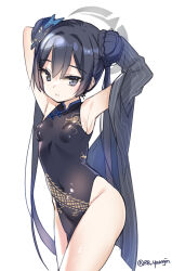 Rule 34 | 1girl, armpits, arms behind head, arms up, bare shoulders, black dress, black hair, blue archive, braid, breasts, butterfly hair ornament, closed mouth, commentary request, covered navel, double bun, dress, grey jacket, groin, hair bun, hair ornament, halo, highres, jacket, jin young-in, kisaki (blue archive), long hair, pelvic curtain, pinstripe pattern, sideboob, simple background, sleeveless, sleeveless dress, small breasts, smile, solo, striped, twintails, twitter username, very long hair, white background