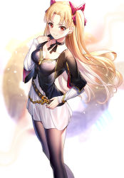 Rule 34 | &gt;:), 1girl, bangle, belt, black jacket, black pantyhose, black ribbon, black shirt, blonde hair, blush, bow, bracelet, breasts, brown belt, choker, closed mouth, collarbone, commentary request, cropped jacket, dress, earrings, ereshkigal (fate), fate/grand order, fate (series), hair bow, hand on own hip, hand up, highres, jacket, jewelry, layered sleeves, long hair, long sleeves, looking at viewer, medium breasts, pantyhose, parted bangs, red bow, red eyes, ribbon, ribbon choker, ririko (zhuoyandesailaer), shirt, short over long sleeves, short sleeves, skull, sleeves past wrists, smile, solo, two side up, v-shaped eyebrows, very long hair, white background, white dress