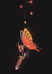 Rule 34 | armor, artist name, black background, bug, butterfly, butterfly wings, feather sword, flying, from side, full body, glowing, glowing butterfly, helmet, highres, holding, holding sword, holding weapon, insect, insect wings, kirby&#039;s dream land, kirby (series), morpho knight, morpho knight (butterfly), nintendo, no humans, shiobara (31shiobara), signature, solo, sword, weapon, wings